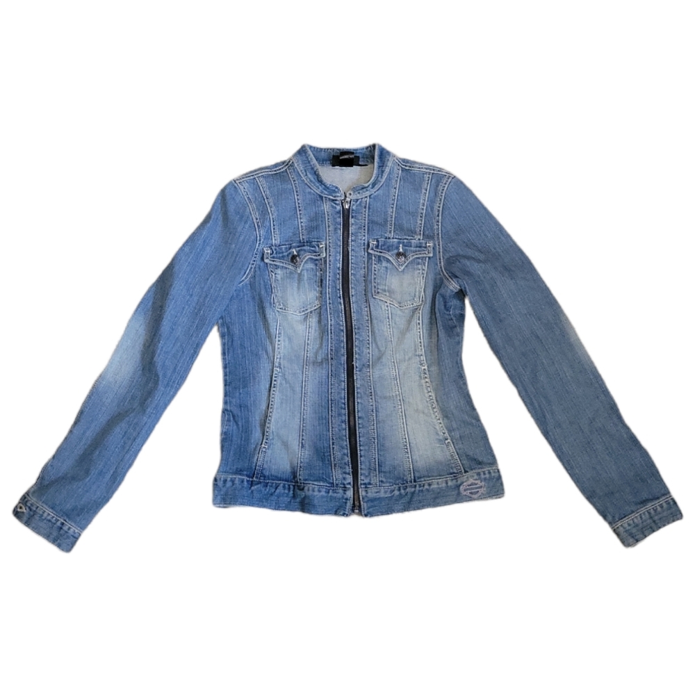 Harley Davidson LG Rhinestone Pink Wing Jean Jacket M